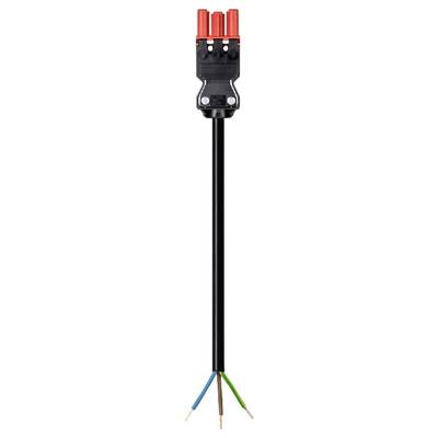 Przewód elektryczny w czarnej izolacji, z czterema kolorowymi końcówkami (niebieski, zielono-żółty, brązowy, czarny).