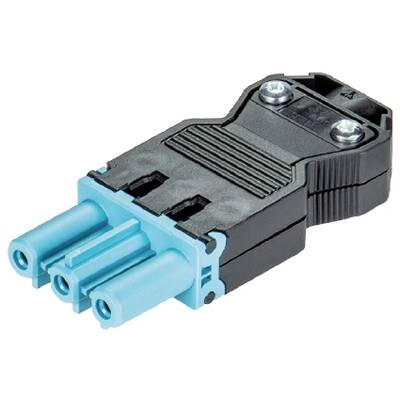 Niebieski trójstykowy złącze elektryczne z czarną obudową i mocowaniami śrubowymi, przeznaczone do łączenia urządzeń.