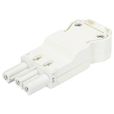 Biały, trzybiegunowy adapter wtykowy, odpowiedni do urządzeń elektrycznych.