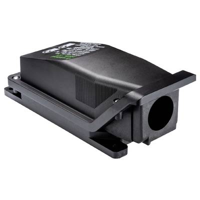 Czarno-szare urządzenie elektroniczne z otworami wentylacyjnymi i szynami montażowymi. Prawdopodobnie czujnik lub jednostka sterująca.