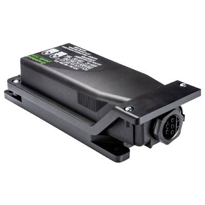 Czarny element elektroniczny z wieloma złączami i mocowaniami śrubowymi, prawdopodobnie ładowarka lub adapter.