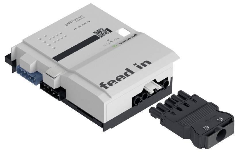Elektroniczny moduł nadstawki szafy sterowniczej firmy Weidmüller z gniazdem przyłączeniowym. Widoczny napis 'feed in'. Odpowiedni do zastosowań przemysłowych.
