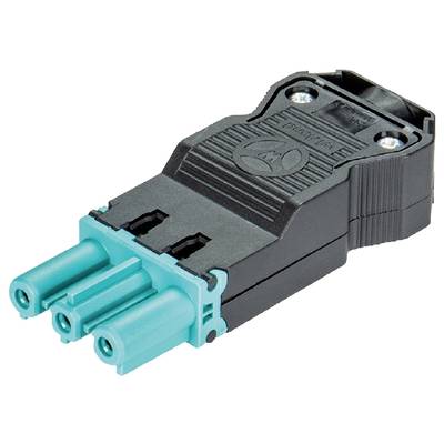Trójbiegunowy wtyk elektryczny w kolorze czarnym i turkusowym, często stosowany w urządzeniach, aby zapewnić bezpieczne i precyzyjne połączenia.