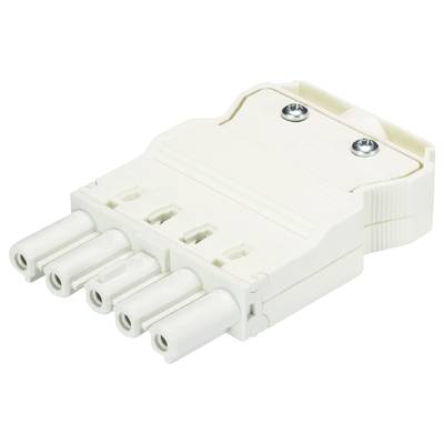 Biały elektryczny złącz z pięcioma okrągłymi gniazdami i zamocowanymi śrubami, przeznaczony specjalnie do połączeń kablowych.