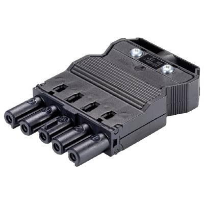 Czarny wtyk pięciobiegunowy przedstawia możliwości podłączenia urządzeń elektrycznych. Jest płaski i wykonany z tworzywa sztucznego.