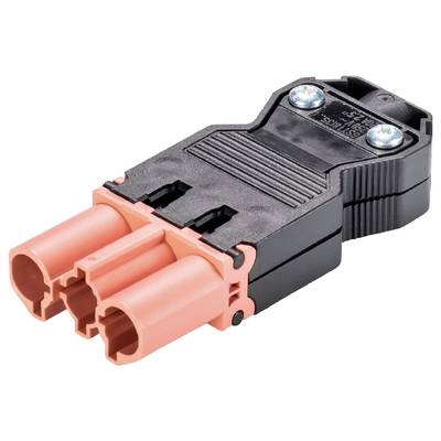 Obraz przedstawia prostokątną wtyczkę elektryczną w kolorach czarnym i pomarańczowym, z dwoma otworami i dwiema śrubami na górnej powierzchni.