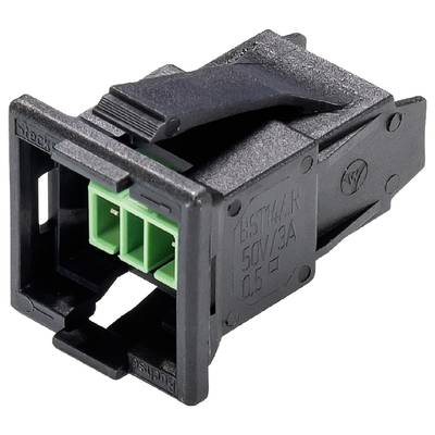 Czarny złącznik z trzema zielonymi stykami, odpowiedni dla 50V/3A. Zastosowanie do połączeń elektrycznych.