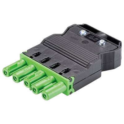 Czarno-zielony, wielostykowy złącze elektryczne z czterema pinami, przeznaczone do zastosowań przemysłowych.