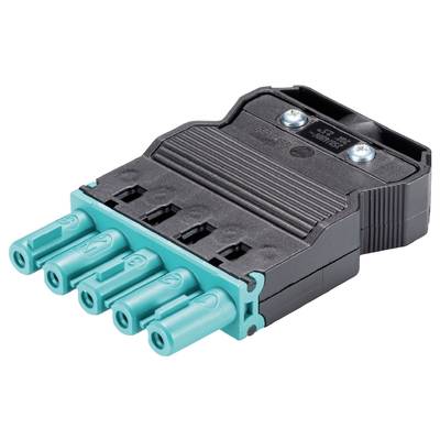 Czarno-turkusowy elektryczny złącz wtykowy z czterema gniazdami, o kształcie prostokątnym i powierzchni żebrowanej.