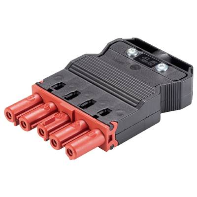 Czerwono-czarny elektryczny złącz wtykowy z wieloma gniazdami, odpowiedni do podłączania przewodów elektrycznych.
