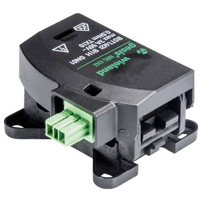 Czarny kompaktowy przyrząd z tworzywa sztucznego z zielonymi złączami i oznakowaniem marki. Jest to moduł elektroniczny.