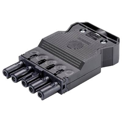 Czarny, wielobiegunowy elektryczny złącze wtykowe z wieloma stykami, strukturyzowaną powierzchnią i bocznym mechanizmem zatrzaskowym.