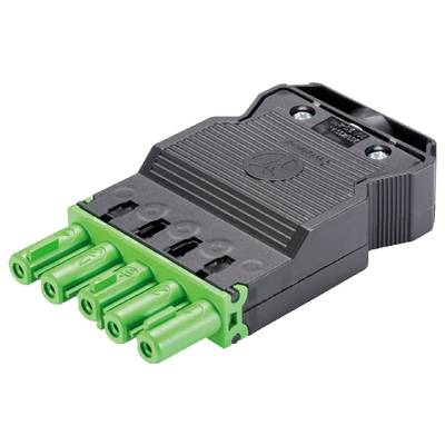 Czarny elektryczny wtyk z pięcioma zielonymi stykami, odpowiedni do zastosowań przemysłowych lub technicznych.