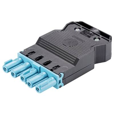 Czarny elektryczny złącz z niebieskimi przyłączami i strukturyzowaną obudową, leży na białej powierzchni.