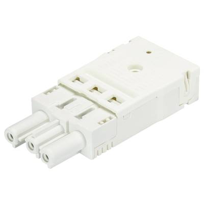 Biały, prostokątny elektryczny złącz z trzema stykami, odpowiedni do podłączeń kablowych w zastosowaniach technicznych.