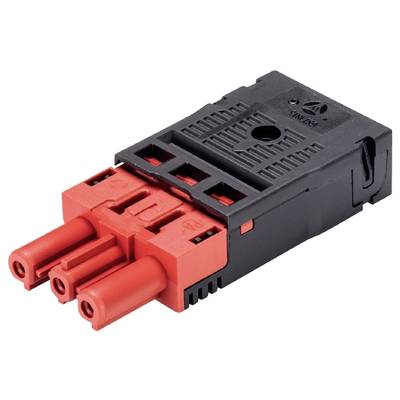 Czarno-czerwony elektryczny złącz wtykowy z trzema stykami. Odpowiedni do zastosowań wysokoprądowych w przemyśle i technice.