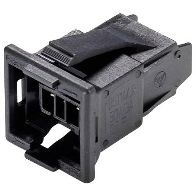 Czarny wtyk sieciowy RJ45 zintegrowany z obudową. Odpowiedni do połączeń Ethernet w sieciach komputerowych.