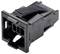 Czarny wtyk sieciowy RJ45 zintegrowany z obudową. Odpowiedni do połączeń Ethernet w sieciach komputerowych.