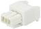Biały elektryczny złącz wtykowy z trzema stykami, prostokątny kształt, wykonany z tworzywa sztucznego. Łączy obwód elektryczny.