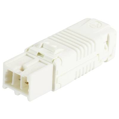 Biały, prostokątny złącz z dwoma przyłączami i mechanizmem blokującym. Odpowiedni do połączeń elektronicznych.