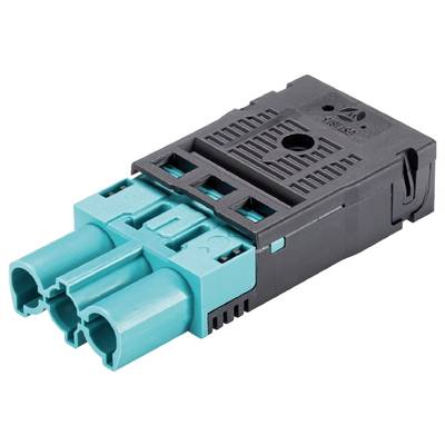Czarny i turkusowy elektryczny złącz wtykowy z trzema otworami. Używany do łączenia przewodów w systemach elektrycznych.
