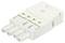 Elektryczny złącz z czterema białymi gniazdami, w prostokątnej obudowie. Służy do łączenia przewodów elektrycznych.