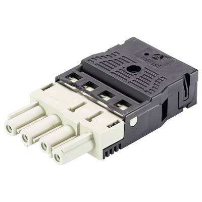 Elektryczny złącz z czarną i białą obudową, trzema stykami przyłączeniowymi oraz kilkoma punktami montażowymi.