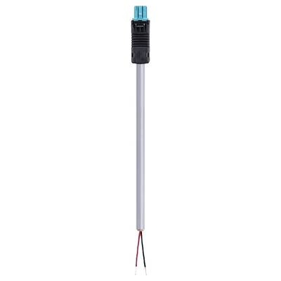 Dwużyłowy kabel elektryczny z cylindryczną, srebrną izolacją oraz czarną wtyczką z niebieskim zakończeniem, z odsłoniętymi końcówkami.