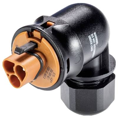 Czarno-pomarańczowy elektryczny adapter wtyczkowy z oznaczeniami.