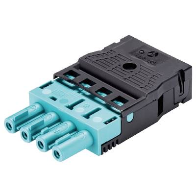 Złącze z czterema turkusowymi gniazdami i czarną obudową, stosowane w połączeniach elektrycznych lub elektronicznych.
