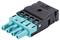 Złącze z czterema turkusowymi gniazdami i czarną obudową, stosowane w połączeniach elektrycznych lub elektronicznych.