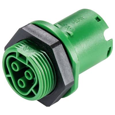 Zielony wtyk elektryczny z trzema stykami i czarnym pierścieniem plastikowym do podłączeń w urządzeniach elektronicznych i maszynach.