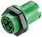 Zielony wtyk elektryczny z trzema stykami i czarnym pierścieniem plastikowym do podłączeń w urządzeniach elektronicznych i maszynach.