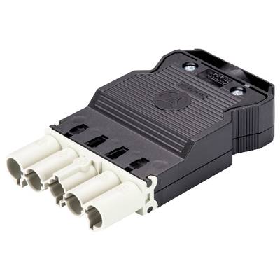 Czarny, prostokątny wtyk elektryczny z czterema białymi stykami, służący do łączenia elementów elektrycznych.