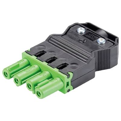 Czarno-zielony adapter wtykowy z trzema gniazdami. Odpowiedni do połączeń elektrycznych w zastosowaniach przemysłowych.