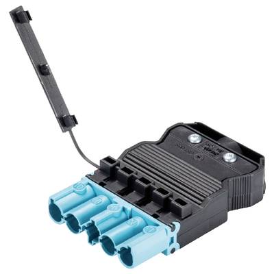 Czarny elektryczny złącz z dwoma śrubami i czterema niebieskimi adapterami. Używany do połączeń elektrycznych.