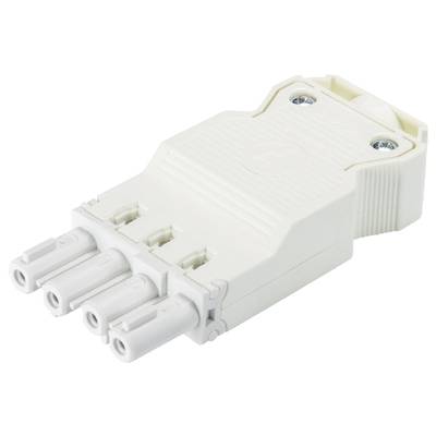 Biały wtyk elektryczny z trzema stykami i dwoma śrubami mocującymi.