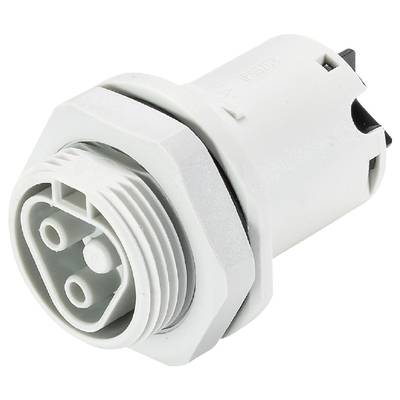 Okrągły, biały elektryczny złącz wtykowy z trzema stykami i gwintem do mocowania w obudowie.