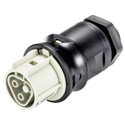 Czarno-biały złącz elektryczny z dwoma okrągłymi gniazdami i wytrzymałą obudową.