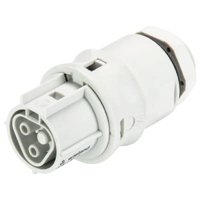 Biały, okrągły złącze z trzema metalowymi stykami. Nadaje się do podłączeń elektrycznych i okablowania w urządzeniach technicznych.