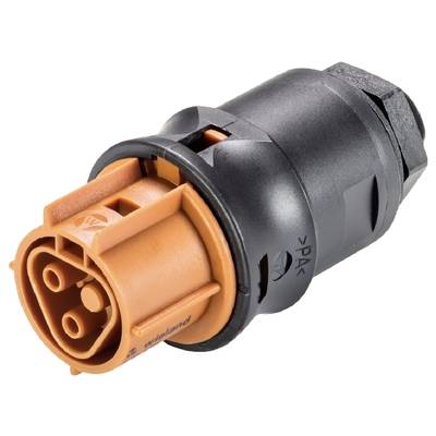 Pomarańczowo-czarny wtyk elektroniczny z kilkoma okrągłymi stykami, przeznaczony do połączeń w urządzeniach elektrycznych.