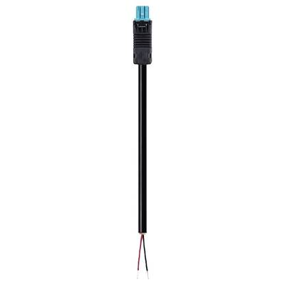 Dwużyłowy kabel elektryczny z czarną izolacją i niebieskimi wtyczkami u góry oraz przewodami czerwonym i czarnym na dole.
