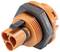 Pomarańczowy wtyk z tworzywa sztucznego z dwoma otworami i czarnym gwintem, odpowiedni do zastosowań przemysłowych lub elektrycznych.