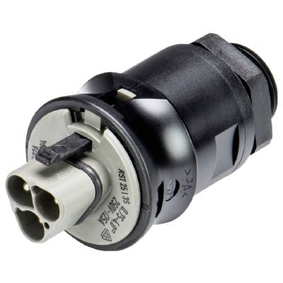 Czarno-szary elektryczny złącz cylindryczny, z wieloma punktami przyłączeniowymi na jednym końcu.