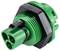 Zielony elektryczny złącze wtykowe z trzema otworami i czarnym pierścieniem zewnętrznym, odpowiedni do zastosowań przemysłowych.