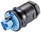 Czarny i niebieski elektryczny złącz wtykowy, o cylindrycznym kształcie, z wieloma przyłączami do połączeń kablowych w urządzeniach.