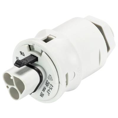 Biały, cylindryczny adapter wtykowy z czarną przesuwną blokadą i dwoma złączami.