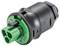 Okrągły, czarny złącz z zielonym wkładem, dwa przyłącza i gwintem śrubowym. Stosowany do połączeń elektrycznych.