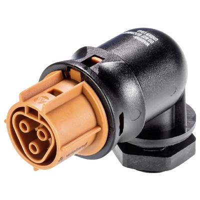 Czarno-pomarańczowy elektryczny wtyk o kształcie cylindrycznym, z wieloma punktami przyłączeniowymi, pokazany z perspektywy bocznej.
