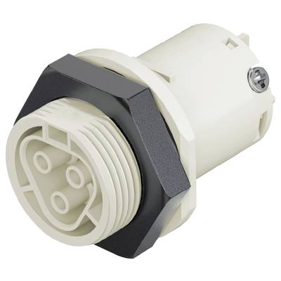 Biały, cylindryczny elektryczny adapter wtykowy z trzema złączami i czarną śrubą, ułożony poziomo.